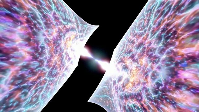 Powerful purple and pink energy streams colliding with bright light flashes creating chaotic waves and glowing particles in dark space. Intense atmosphere of physical power and magic
