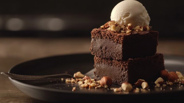 Two decadent brownies topped with vanilla ice cream and chopped almonds on a dark plate.