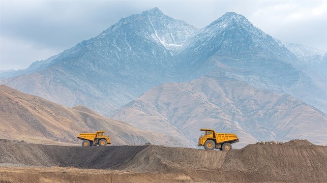 Heavy yellow dump trucks on a rugged landscape with majestic mountains in the background under a cloudy sky in an industrial setting