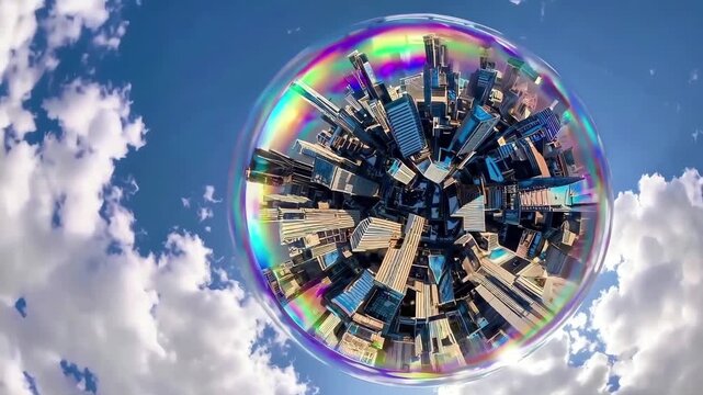 Futuristic metropolis enclosed within iridescent rainbow sphere drifting among fluffy white clouds in sky representing advanced autonomous civilization. Concept of utopian sci-fi future