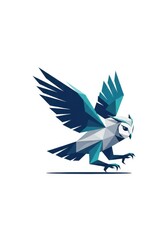 Naklejka premium Modern Geometric Low Poly Owl Illustration in Blue and Teal Tones - Stylized Bird of Prey Vector Art on White Background