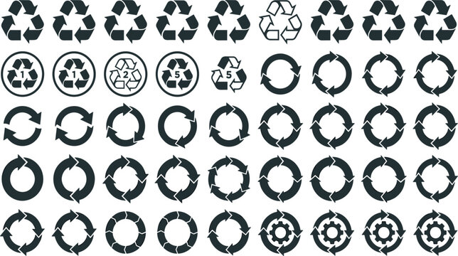 Recycle icon set with circular arrows and plastic recycling codes for eco friendly waste management sustainability and environmental conservation vector illustration