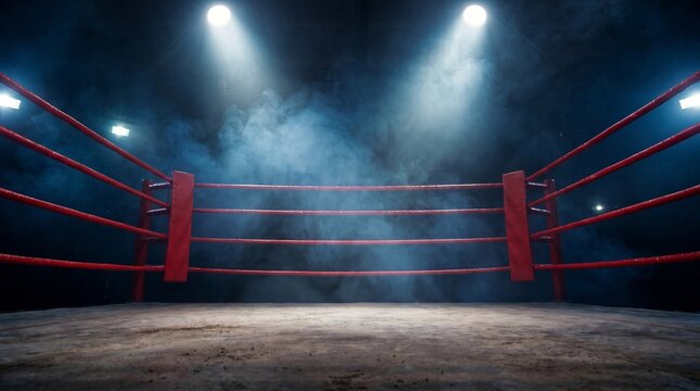 Empty boxing ring with red ropes and dramatic spotlights in smoky arena