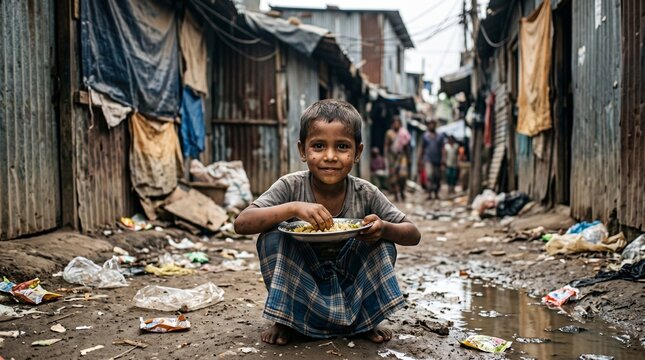 A young boy eating a meal while sitting in a povertystricken slum area