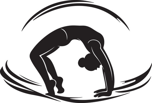 Gymnast silhouette performing a backbend black on white background