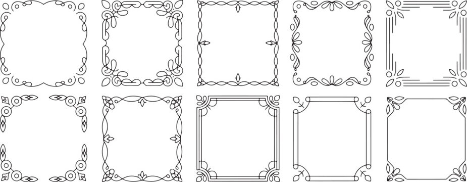 Collection of ten decorative black and white square frames and corner with swirling lines and floral motifs invitations or borders