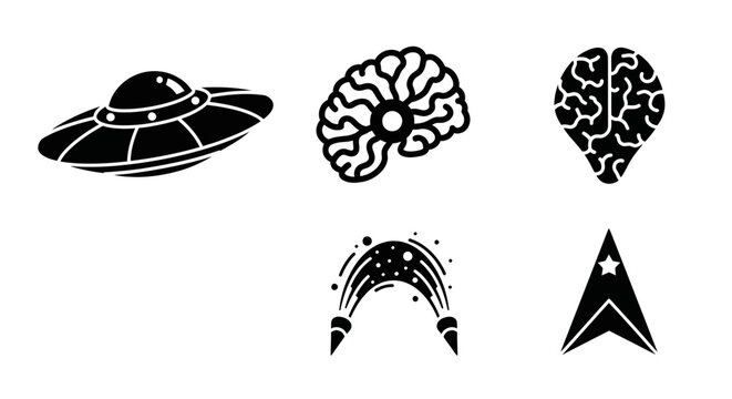 Collection of science fiction and brain icons in black and white.