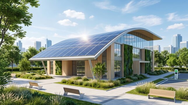 Modern sustainable eco-friendly building with solar panels, green walls, and EV charging station in urban park setting under blue sky, symbolizing renewable energy future