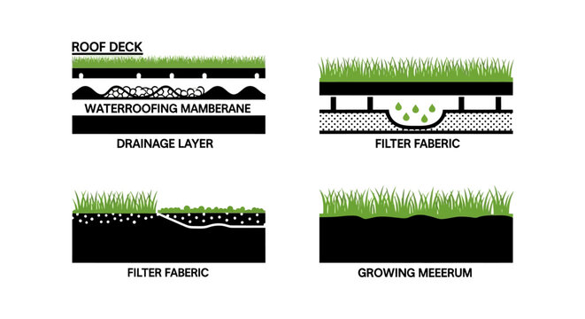 Diagrams illustrating different types of green roof systems and layers.