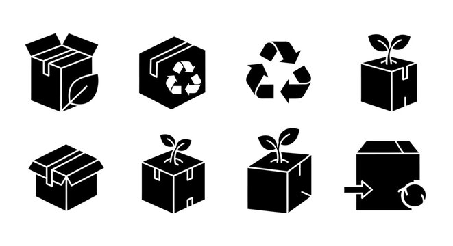 Eco Friendly Packaging Icons With Recycling Symbol and Plant Growth.