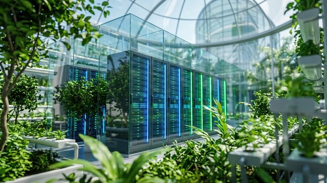 Green data center server racks inside glass greenhouse, sustainable IT infrastructure, eco-friendly cloud computing facility, nature integrated technology