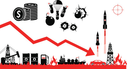 Obraz premium Global economic war crisis vector illustration showing stock market crash inflation oil industry damage and missiles