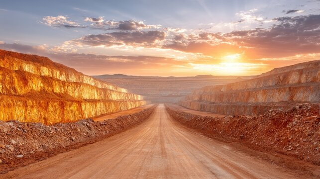 Expansive Open Pit Mine at Sunrise with Striking Earth Colors and Dramatic Sky Overhead Inviting Exploration and Adventure in Natural Landscape