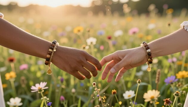 Two people reaching out to touch hands in a sunny flower meadow at sunset for connection