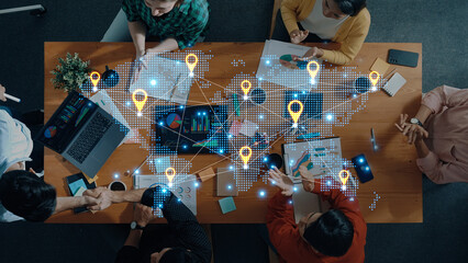 Concept of a global logistics network with location pins on a world map. This represents an...