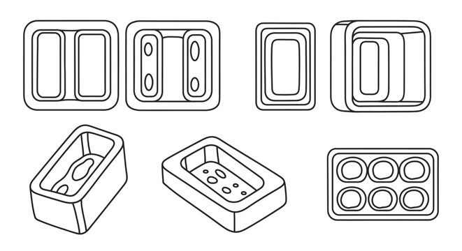 Set of various empty food packaging containers and trays.