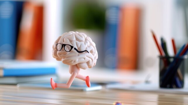 Cute Brain Character with Glasses Running on a Desk Surrounded by Office Supplies and Colorful Accessories