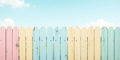 Fototapeta premium Pastel-Colored Wooden Fence Against a Serene Sky Background Featuring Soft Clouds and a Gentle Breeze