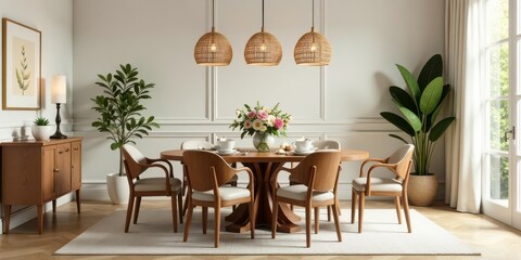 Fototapeta premium Elegant Dining Room Decor with Mid Century Modern Furniture and Woven Pendant Lights