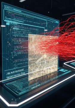 Futuristic Cybersecurity Interface Showing Blocked SQL Injection Attack and Active Security Protocol in a High-Tech Data Center