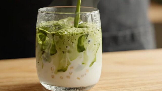 Pouring green matcha over ice cubes in a glass with milk and boba