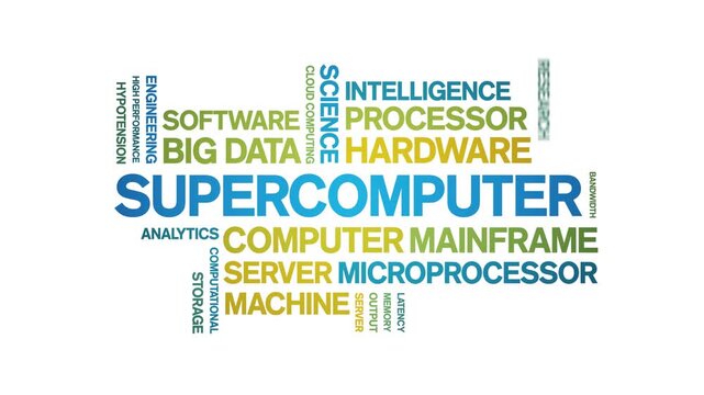 Supercomputer animated word cloud-text design animation tag kinetic typography seamless loop.