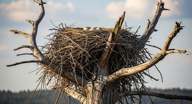A large eagle nest perched at the top of a dead tree