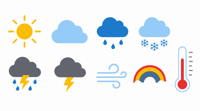 Colorful weather icons set with sun cloud rain snow.