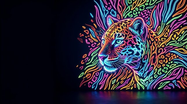 Colorful neon jaguar head with glowing abstract patterns