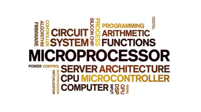 Microprocessor animated word cloud-text design animation tag kinetic typography seamless loop.