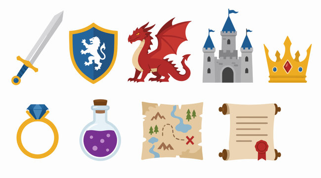 Medieval fantasy icons collection with sword and dragon.