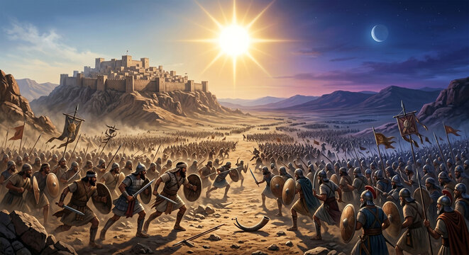 Bible, &nbsp;An epic-scale, dramatic digital painting depicting the Gibeon battlefield. The sun is frozen at its zenith in a brilliant, piercing white-gold light, casting short, intense shadows.