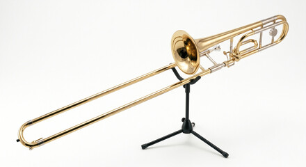 Obraz premium A professional product photograph of a professional-grade trombone fully extended on a stand, positioned diagonally against a clean, seamless white background with soft, even studio lighting.