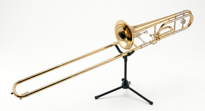 A professional product photograph of a professional-grade trombone fully extended on a stand, positioned diagonally against a clean, seamless white background with soft, even studio lighting.