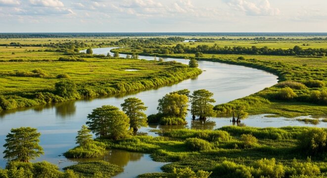 Aerial View of a Wide Winding River Flowing Through a Lush Green Swampy Delta