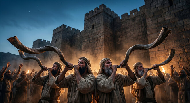 Bible, A dramatic, low-angle photograph capturing the Israelite priests blowing their long, curved ram's horn shofars in front of the massive, imposing stone walls of Jericho.