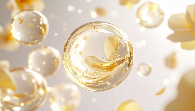 柔らかな黄金色の光に包まれたホワイトフラワーと透明なガラスオーブが織りなす香りのイメージ。ホワイトティーやフローラルムスクを想起させる洗練された美容広告ビジュアル。ジェネレーティブAI