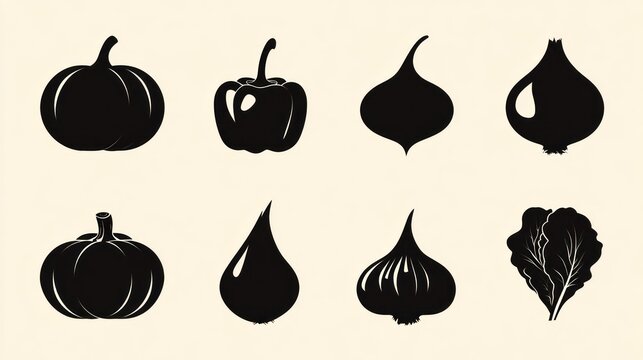 Set of eight black and white stylized icons representing various produce items displayed in two rows.