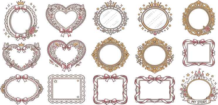 Elegant Vintage Frame Collection Featuring Ornate Floral Borders Heart Frames Crowns Bows and Decorative Princess Vector Elements