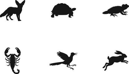 Obraz premium Wildlife Animal Silhouette Collection Featuring Fox Tortoise Lizard Scorpion Bird and Rabbit Vector Set