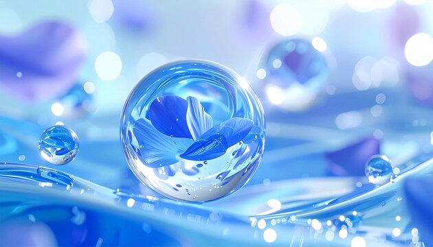 ブルーフローラルの透明感とみずみずしい紫陽花の美しさを表現したラグジュアリーフレグランスビジュアル。ガラス球体に閉じ込められた花々がアクアティックムスクの爽やかな香りを連想させる美容広告素材。ジェネレーティブAI
