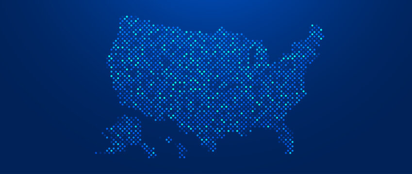 Blue glowing dotted USA map concept. Abstract neon United States of America silhouette for poster, banner, brochure, flyer, booklet, presentation. Vector continent infographics illustration wallpaper