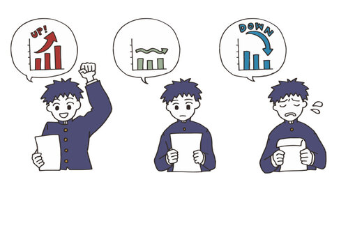 Set of male student looking at exam results, three facial expressions for cram school and education materials
