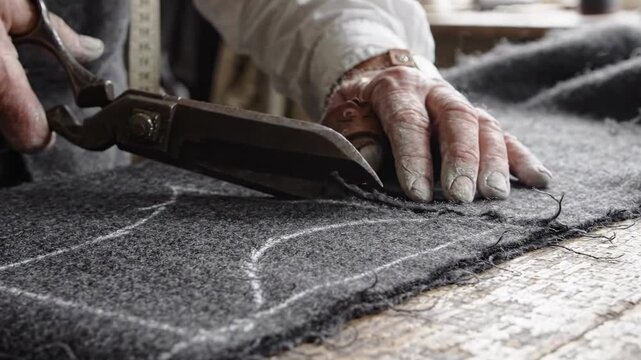 Tailor cutting dark grey wool fabric with chalk lines