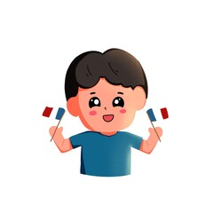 Happy little boy waving France flags, vector illustration for patriotic or travel concept. 
