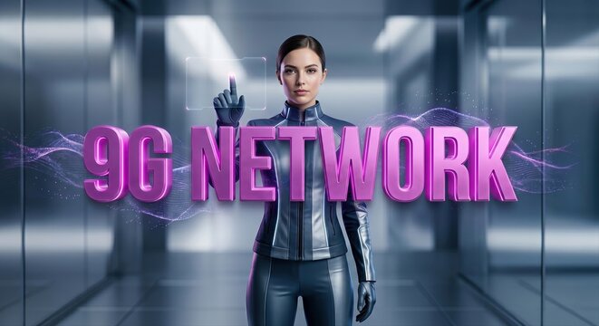 Woman in a silver and black futuristic suit touches a holographic purple 9G network display in a sterile, modern corridor with subtle light streaks