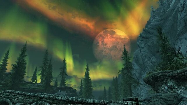 The night sky is filled with the stunning aurora phenomenon with gradations of bright green, yellow, and reddish orange at the top.