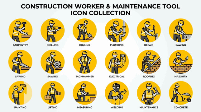Construction worker and maintenance tool icons.