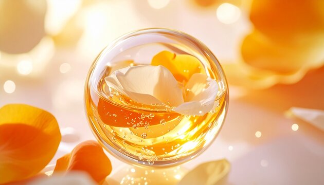 透明なクリスタルオーブに閉じ込められたオレンジブロッサムの花びらが黄金色に輝くラグジュアリーフレグランスイメージ。ネロリとシトラスフローラル、ハニーアンバーが重なり合う華やかな香りを表現した高級香水・美容広告向けビジュアル。ジェネレーティブAI