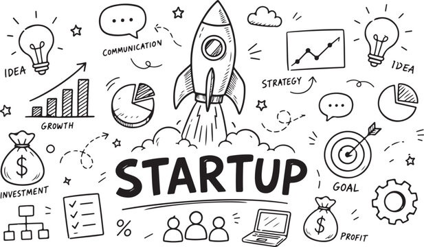 Hand drawn doodle sketch of startup business rocket and growth strategy icons